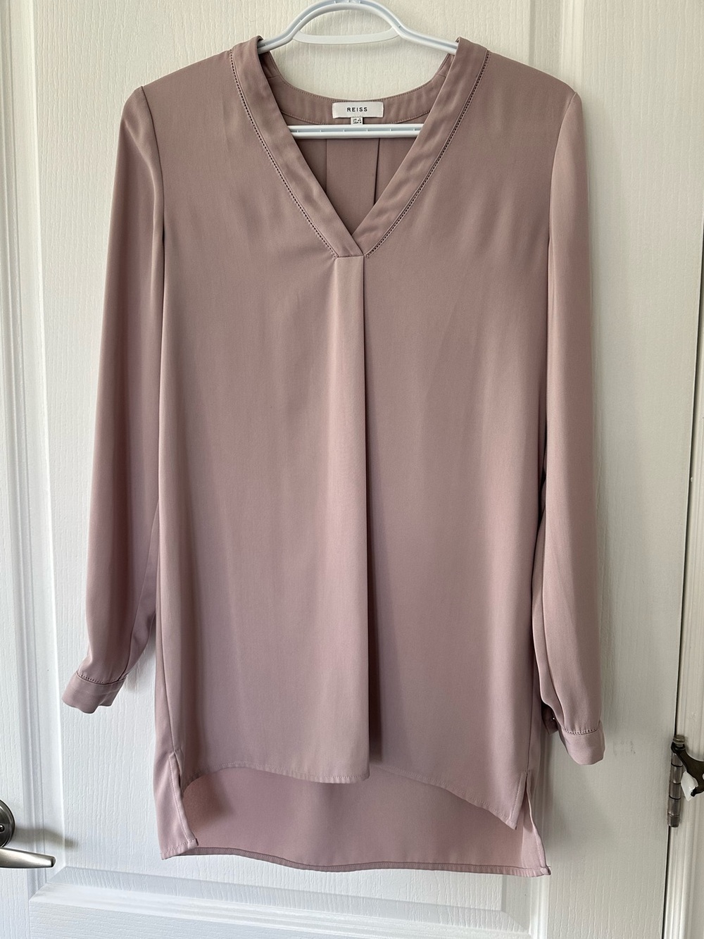 NWOT REISS Luxury Mauve Tunic Blouse Elegant V-Neck Long Sleeve Minimalist Chic